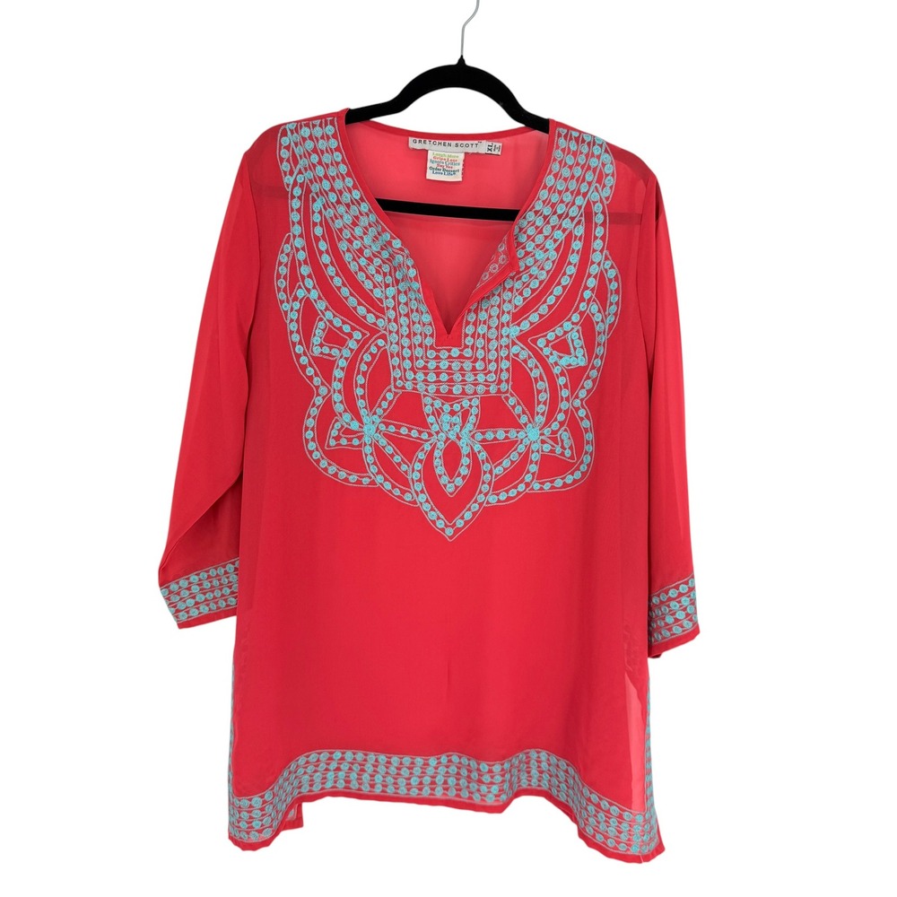 Gretchen Scott Embroidered Sheer Tunic Top Womens XL Pink Turquoise‎ Resort